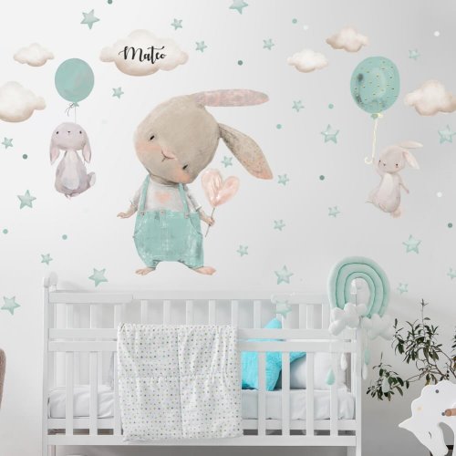 Nalepka nad posteljico - Zajčki z zvezdicami in baloni
