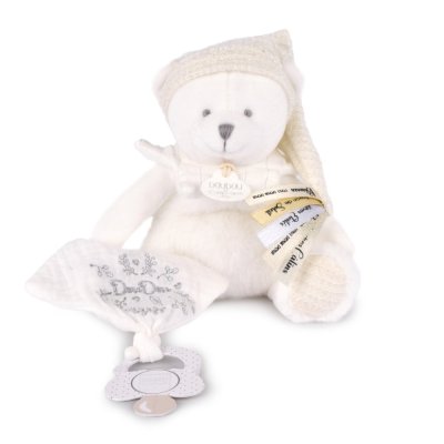 Doudou Conjunto de presente Urso de peluche com suporte para chupeta e manta bege 20 cm