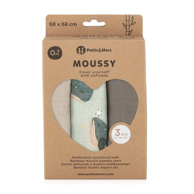 PETITE&MARS Sada plen bambusová mušelínová 3ks Moussy Whale Song 68 x 68 cm