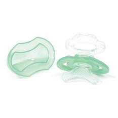 BABYONO BPA-free silicone teether in the shape of a pacifier with a green cover 3m+