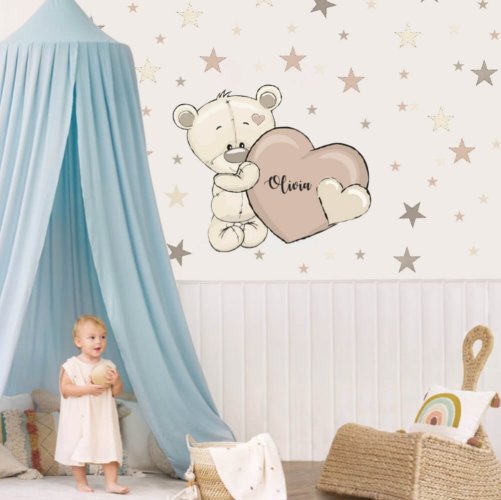 Sticker chambre bébé - Ours en peluche avec un prénom et un coeur