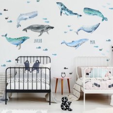 Adesivi murali per bambini - Carta da parati autoadesiva con balene e nome