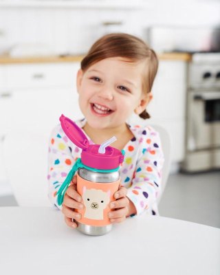 SKIP HOP Zoo Wasserflasche mit Strohhalm Edelstahl Lama 12m+