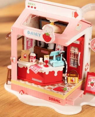 Puzzle 3D en bois RoboTime, miniature de maison, bar à lait Fraise