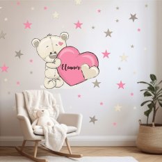 Verwijderbare sticker voor de babykamer - Teddybeer met naam en hart