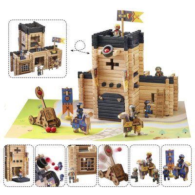 Jeujura Jeu de construction en bois 270 pièces Château avec catapulte