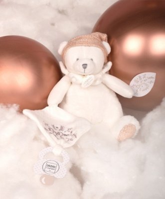 Doudou Coffret cadeau Ours en peluche avec attache-sucette et couverture rose 20 cm