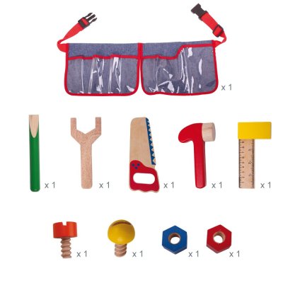 Bigjigs Toys Holzwerkzeug auf rotem Gürtel