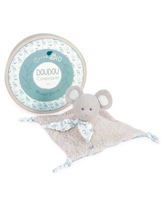 Conjunto de presente Doudou - Rato de pelúcia com manta quadrada de algodão BIO 25 cm