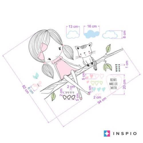 Children's wall stickers - INSPIO fairy on a branch with a cat in pink design