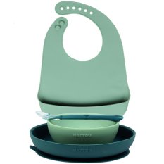 NATTOU Set de repas silicone avec bavoir 4 pcs vert sans BPA