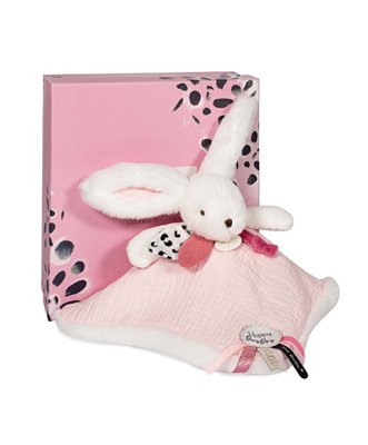 Doudou Zestaw prezentowy różowy - króliczek z kwadratowym kocykiem 25 cm