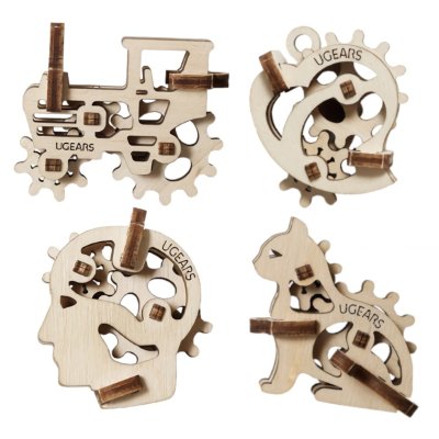 Ugears Drewniane Puzzle Mechaniczne 3D, 4 mechaniczne zawieszki, Symbole charakterów