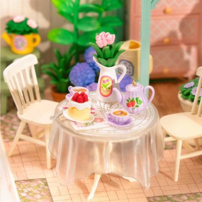 RoboTime 3D Holzpuzzle Miniatur Puppenhaus Teestunde im blühenden Garten