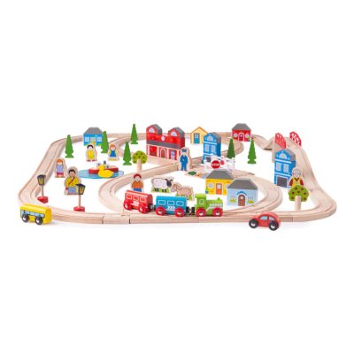 Bigjigs Rail Caminho de Ferro de Madeira Cidade e Aldeia 91 Peças