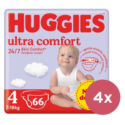 4x pieluchy jednorazowe HUGGIES® Ultra Comfort Mega 4 (7-18 kg) 66 szt.