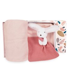 Doudou Coffret cadeau Joyeux Lapin Plaid et lange rose