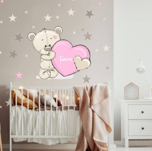 Sticker for the girl's room - Teddy bear with a name and a heart
