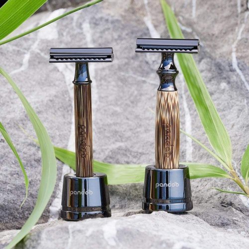 Barbeador de bambu com suporte e 10 lâminas de barbear, cabo largo