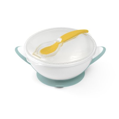 BABYONO Zamykana miska z przyssawką i łyżeczką 300 ml zielono-żółta