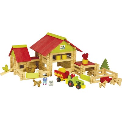 Jeujura Jeu de construction en bois 220 pièces Grande ferme avec tracteur et animaux