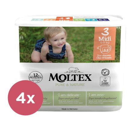 4x MOLTEX Pure&Nature Pleny jednorázové 3 Midi (4-9 kg) 33 ks - ECONOMY PACK