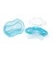 BABYONO BPA-free silicone teether in the shape of a pacifier with a blue cover 3m+