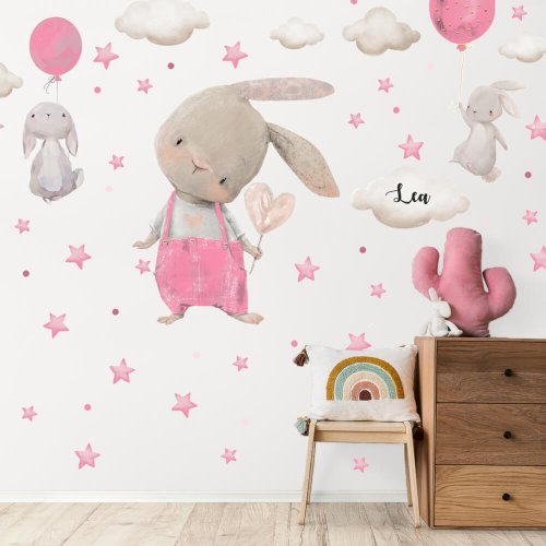Samolepka na stenu - Zajačikovia s hviezdičkami pre dievčatko