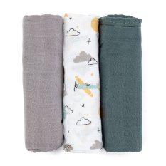 PETITE&MARS Súprava plienok bambusová mušelínová 3ks Moussy Grey Planes, 68 x 68 cm
