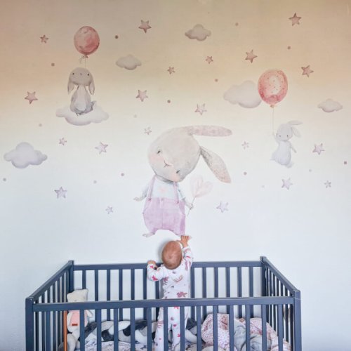 Akvarel zidne naljepnice - Zečići u ružičastoj boji