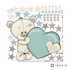 Sticker mural bleu pour chambre de garçon - Ours avec un prénom et un coeur