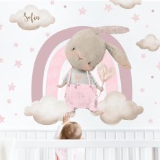 Abnehmbarer Aufkleber über dem Bett für ein kleines Mädchen – Hase mit rosa Regenbogen