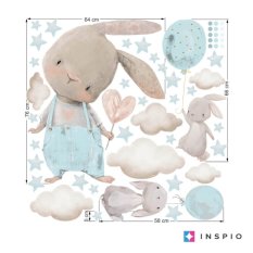 Stickers for the room - Rabbits in a light blue design with balloons