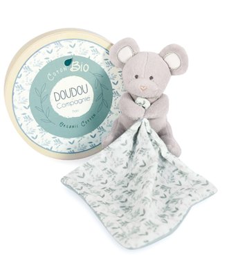 Doudou Zestaw prezentowy - Pluszowa myszka z kocykiem z bawełny organicznej 15 cm zielono-biała