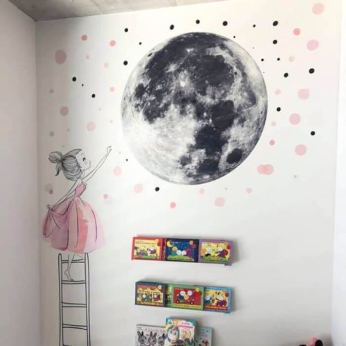Αυτοκόλλητο τοίχου - Φεγγάρι και κορίτσι σε μια σκάλα