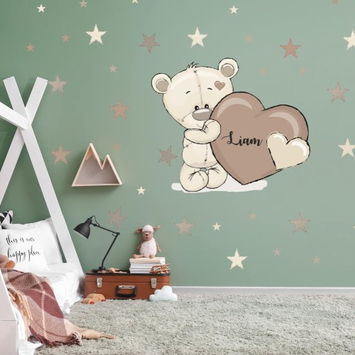 Αυτοκόλλητο τοίχου για παιδιά - Αρκούδα με όνομα και κρεμ καρδιά