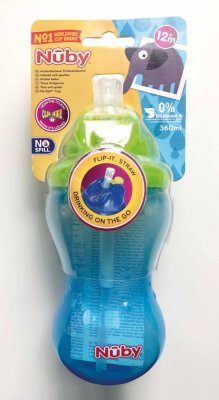 NUBY Netekoča skodelica z zložljivo slamico in 360 ml, 12 m+ modra