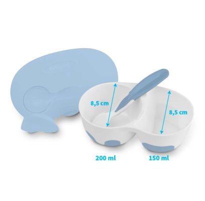 BABYONO Schüssel 2 in 1 verschließbar, mit Löffel 200+150 ml blau 6m+