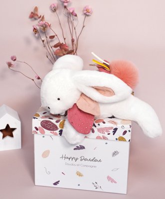 Doudou Gift Set - Plush Rabbit with Dark Pink Pom Pom 25 cm