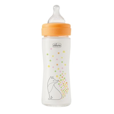 CHICCO Szklana butelka dla niemowląt Perfect Easy 240 ml, wolny przepływ silikonowy, dla dziewczynek, 0m+