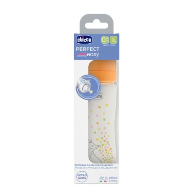 CHICCO Baby-Glasflasche Perfect Easy 240 ml, langsamer Silikonfluss, für Mädchen, 0m+
