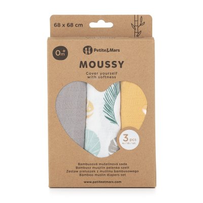 PETITE&MARS Sada plen bambusová mušelínová 3ks Moussy Ochre Leaves, 68 x 68 cm