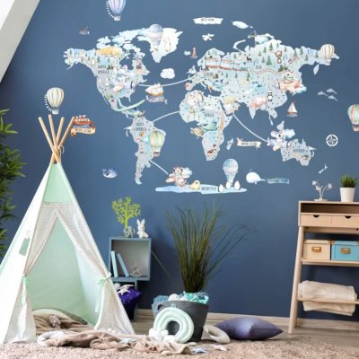 Vinilos decorativos infantiles - Mapa del mundo de viajes para niños