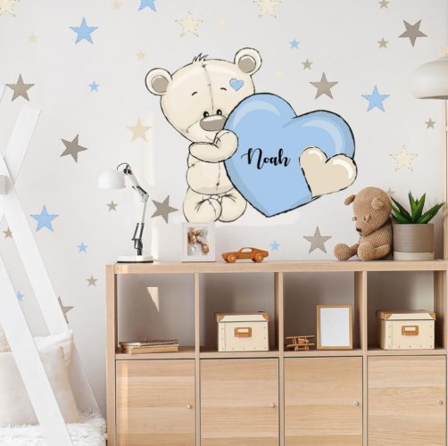 Blue wall sticker for children - Bear with a name and a heart