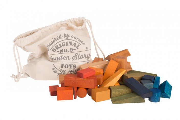 Wooden Story Cubi in sacchetto di cotone XL - 50 pezzi - Arcobaleno