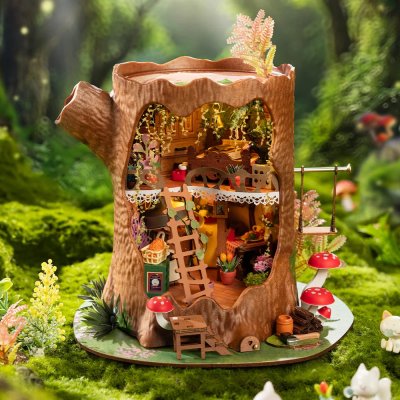 RoboTime 3D Holzpuzzle Miniaturhaus Waldhütte aus einem Baumstumpf