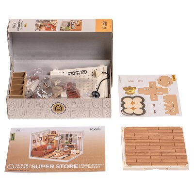 RoboTime 3D Holzpuzzle Miniatur Puppenhaus Gemütliches Wohnzimmer