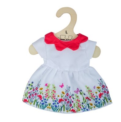 Bigjigs Toys Biała sukienka w kwiaty z czerwonym kołnierzykiem dla lalki 38 cm