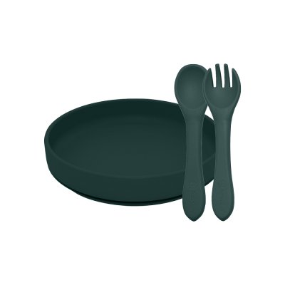 PETITE&MARS Service à manger silicone TAKE&MATCH 2 pcs assiette + couverts Misty Green 6m+