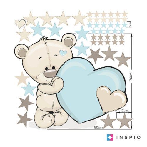 Autocolant de perete albastru pentru copii - Ursuleț de pluș mentol cu nume și inimă